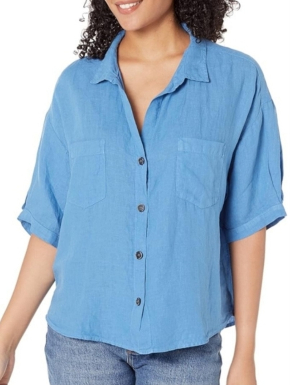 VELVET by GRAHAM & SPENCER Maria Woven Linen Camp Button Down Shirt Blue Sz XS
